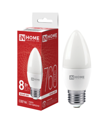 Лампа светодиодная  8,0W Е27 Led 4000К свеча холодный белый свет  IN HOME---