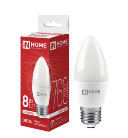 Лампа светодиодная  8,0W Е27 Led 4000К свеча холодный белый свет  IN HOME---