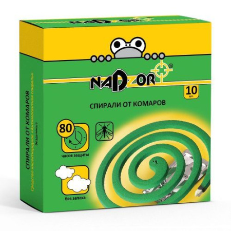 Спирали от комаров 10шт зеленые б/запаха,малодымные  Nadzor 